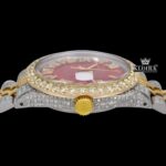 Red Dial Roman Numerals Two Tone Yellow Gold Iced Out Moissanite Watch Crown View