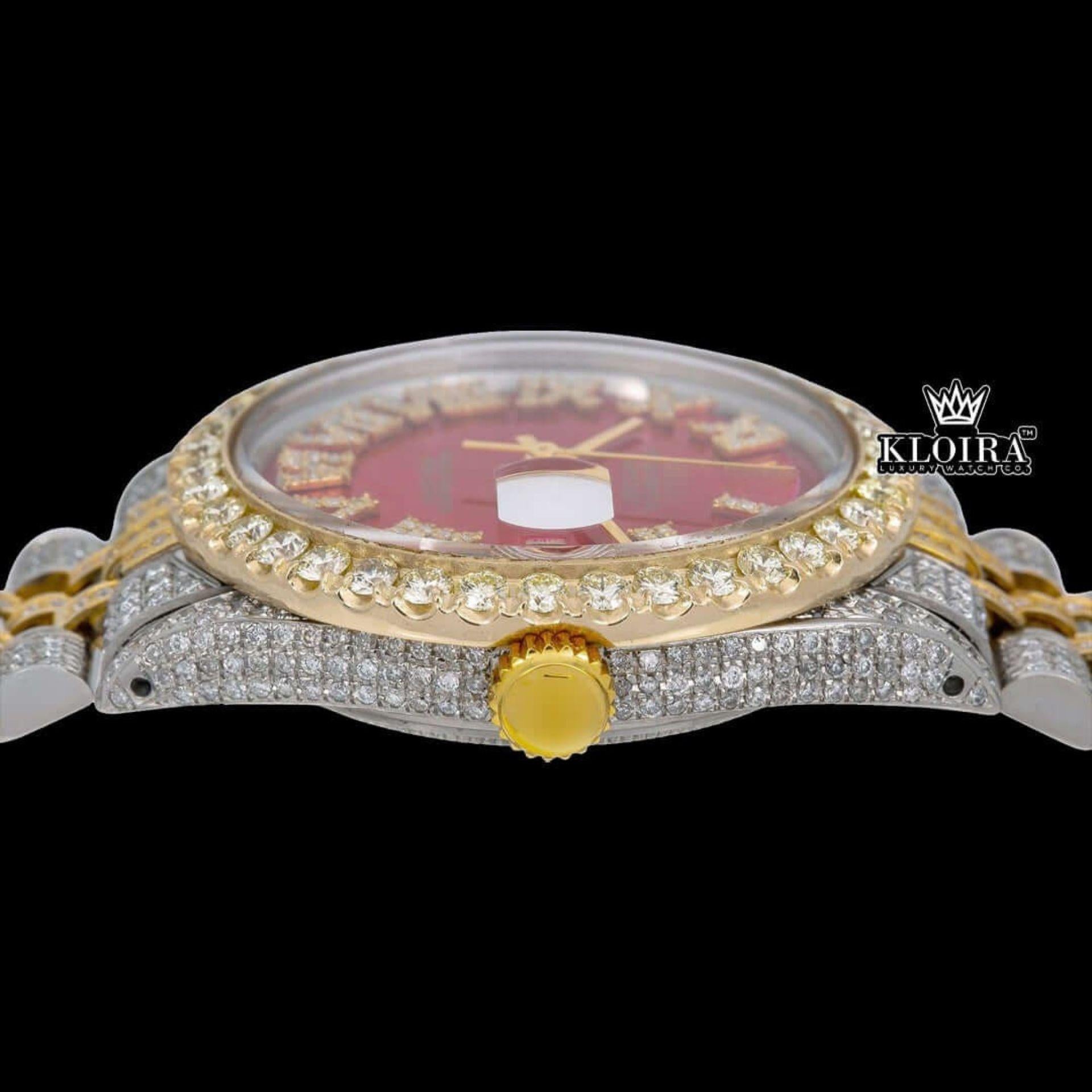 Red Dial Roman Numerals Two Tone Yellow Gold Iced Out Moissanite Watch Crown View