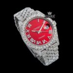 Red Roman Dial Fully Iced White Gold Lab-Grown Diamond Watch Close Up Front View