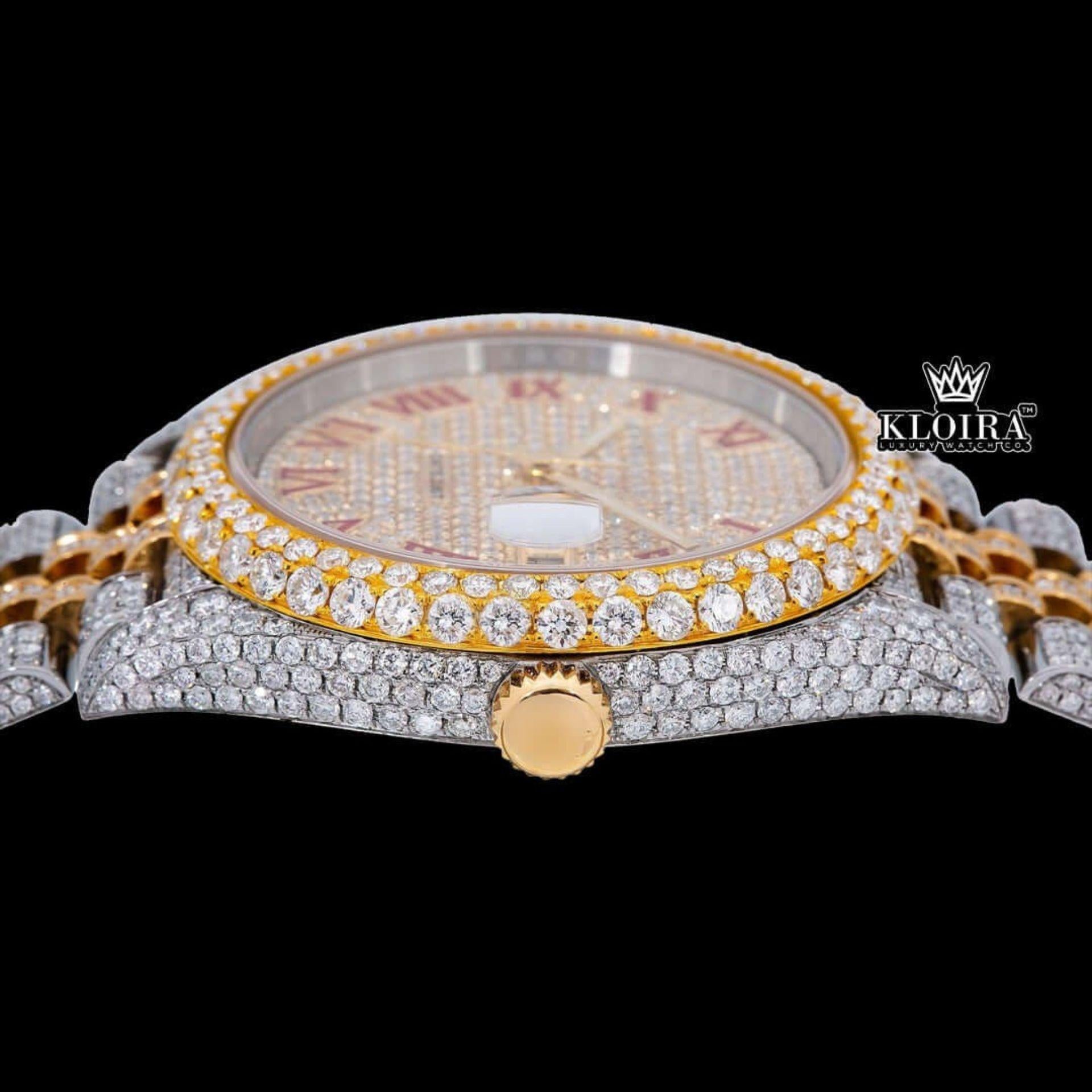 Red Roman Numerals Dial Date Window Two Tone Moissanite Watch Crown View