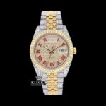 Red Roman Numerals Dial Date Window Two Tone Moissanite Watch