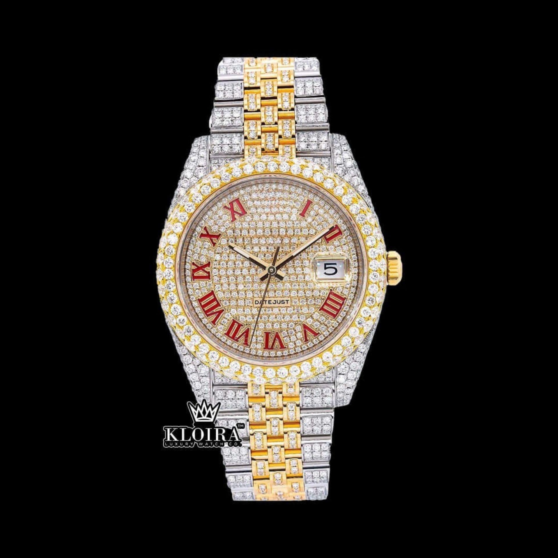 Red Roman Numerals Dial Date Window Two Tone Moissanite Watch Front View