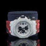 Red Rubber Strap Silver Dial Iced Out Moissanite Diamond Chrono Watch Close Up Front View