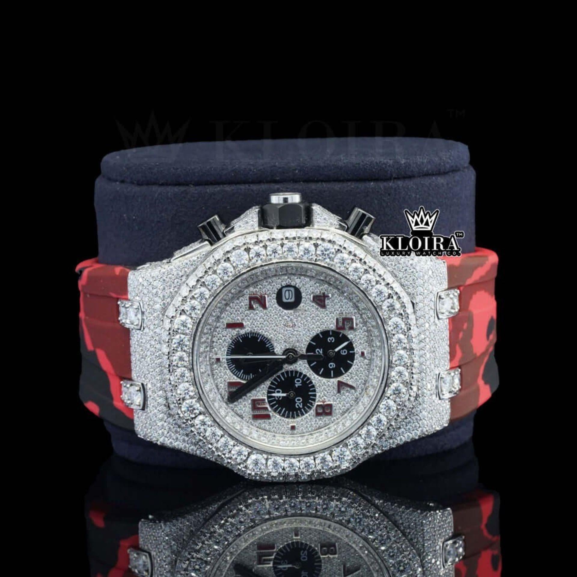 Red Rubber Strap Silver Dial Iced Out Moissanite Diamond Chrono Watch Close Up Front View