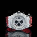 Red Rubber Strap Silver Dial Iced Out Moissanite Diamond Chrono Watch