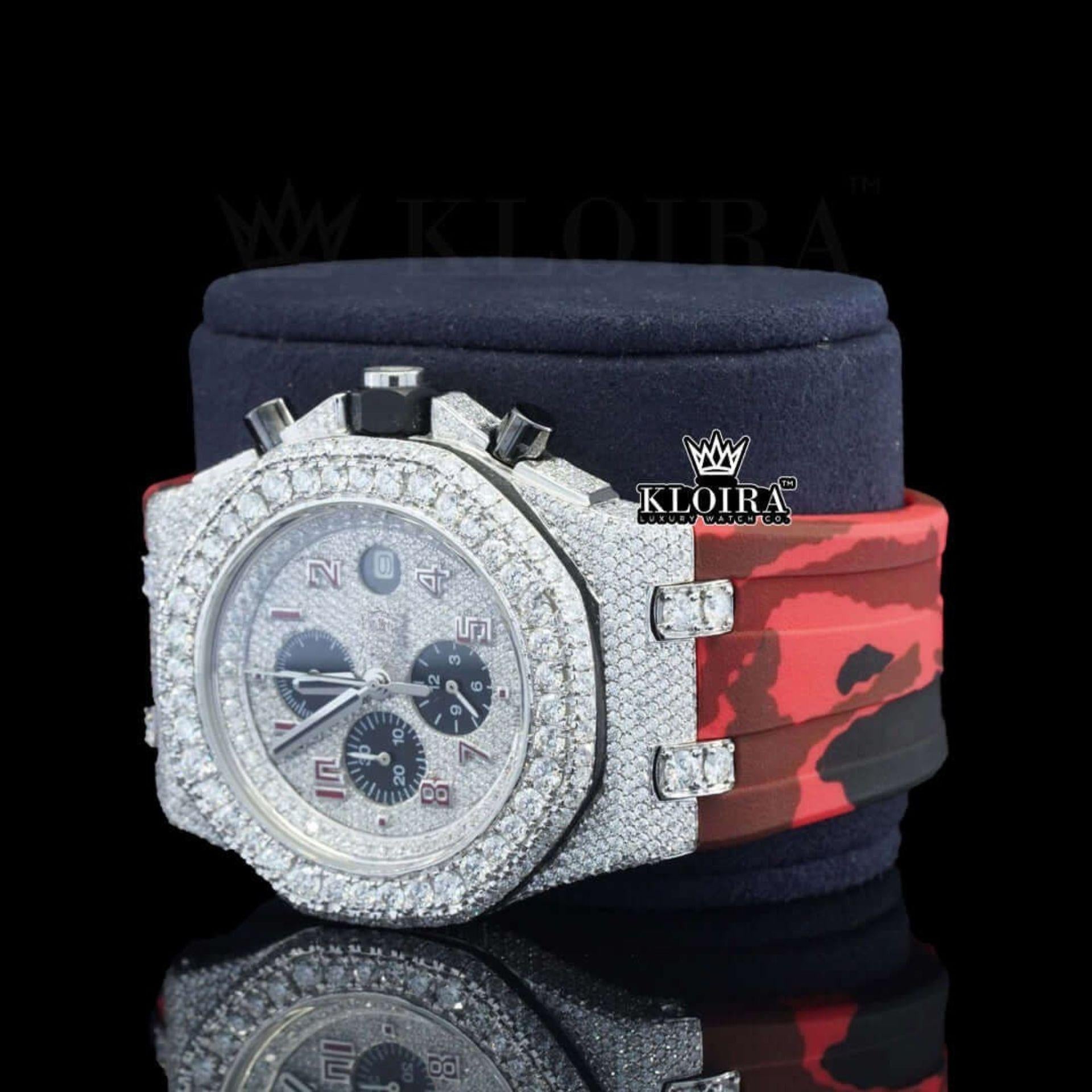 Red Rubber Strap Silver Dial Iced Out Moissanite Diamond Chrono Watch Left Profile View