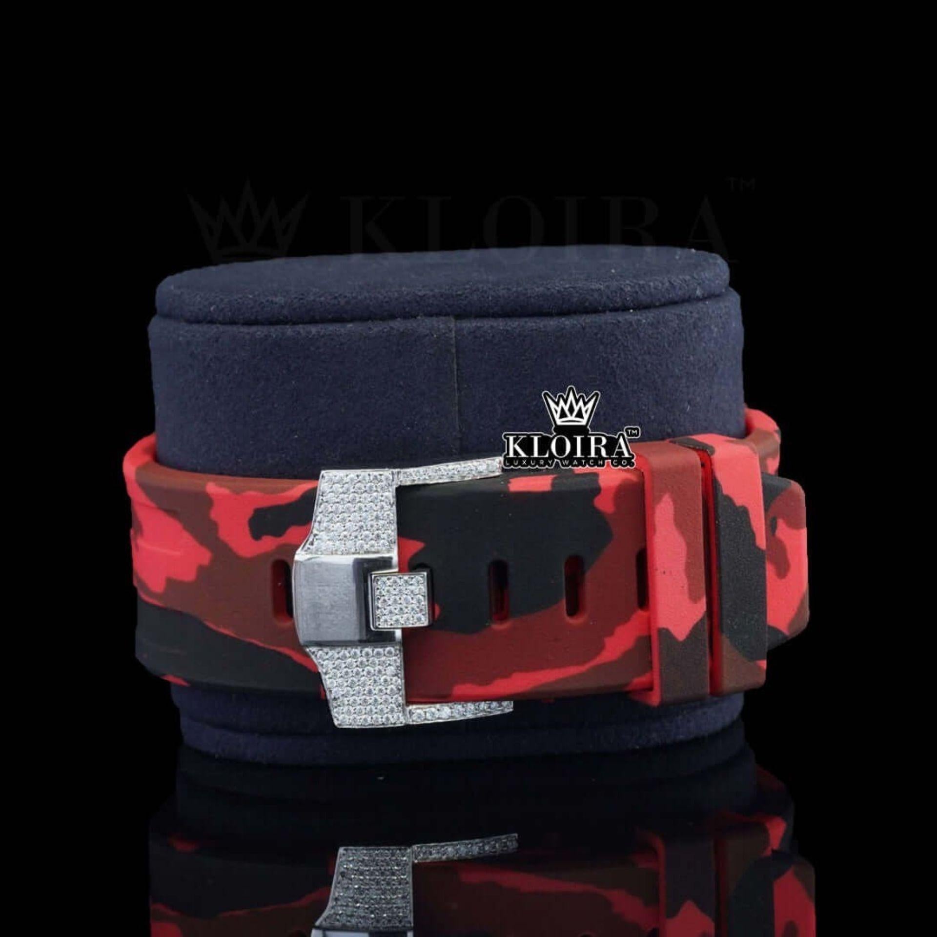 Red Rubber Strap Silver Dial Iced Out Moissanite Diamond Chrono Watch Strap View