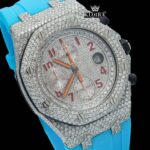 Red Standard Numerals Chronograph Blue Rubber Strap Moissanite Watch Close Up Dial View