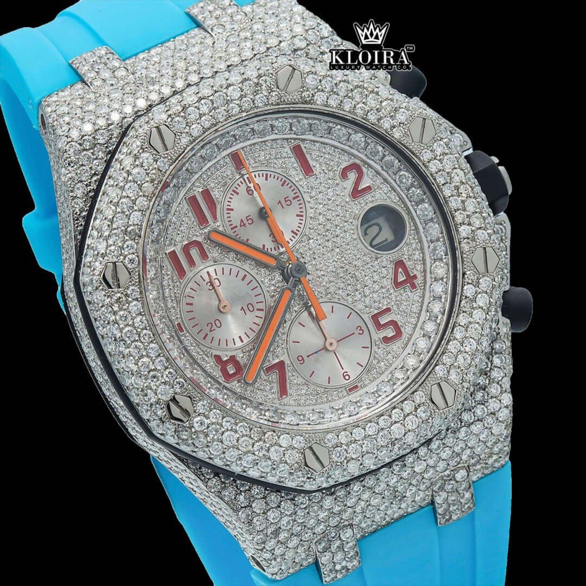 Red Standard Numerals Chronograph Blue Rubber Strap Moissanite Watch Close Up Dial View