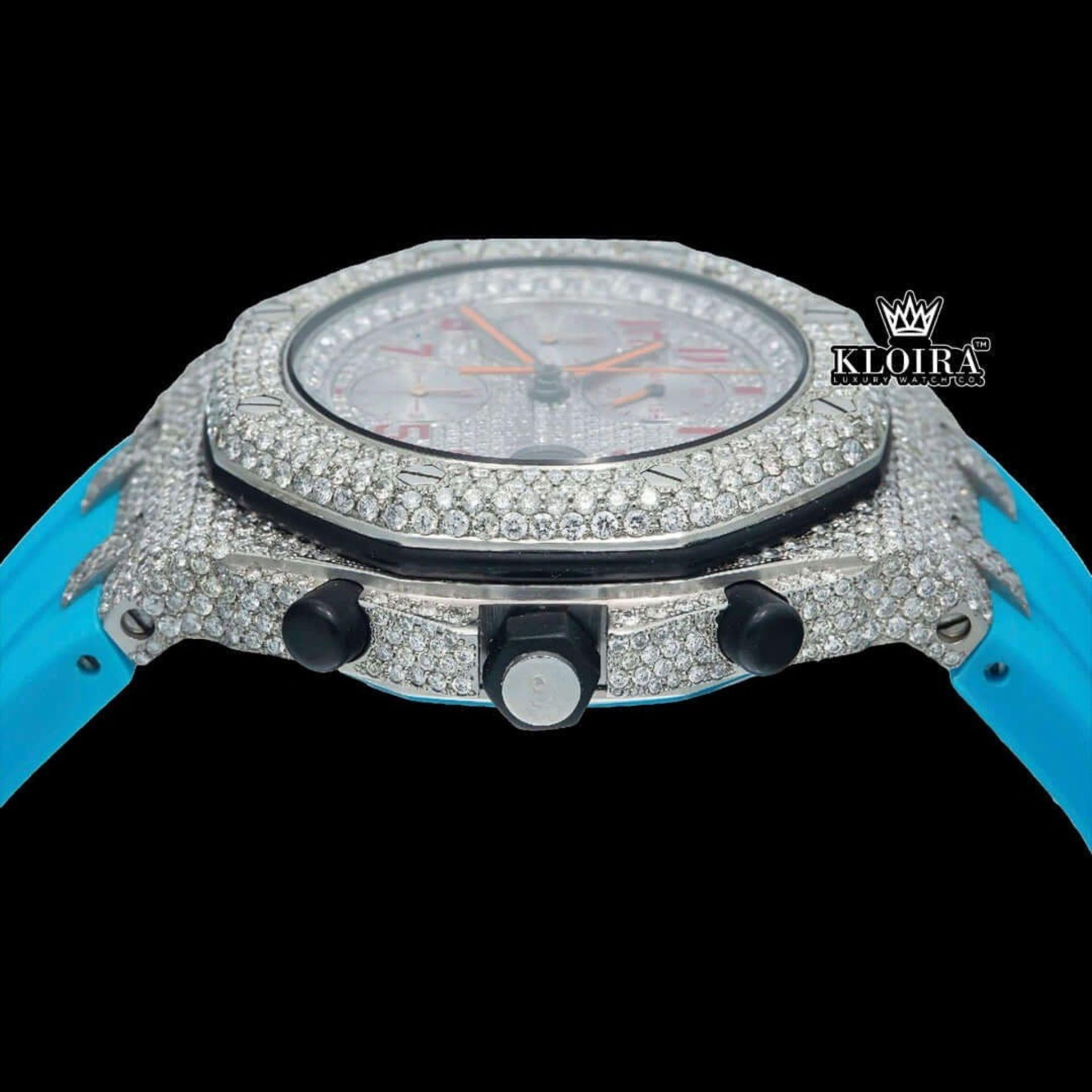 Red Standard Numerals Chronograph Blue Rubber Strap Moissanite Watch Crown View