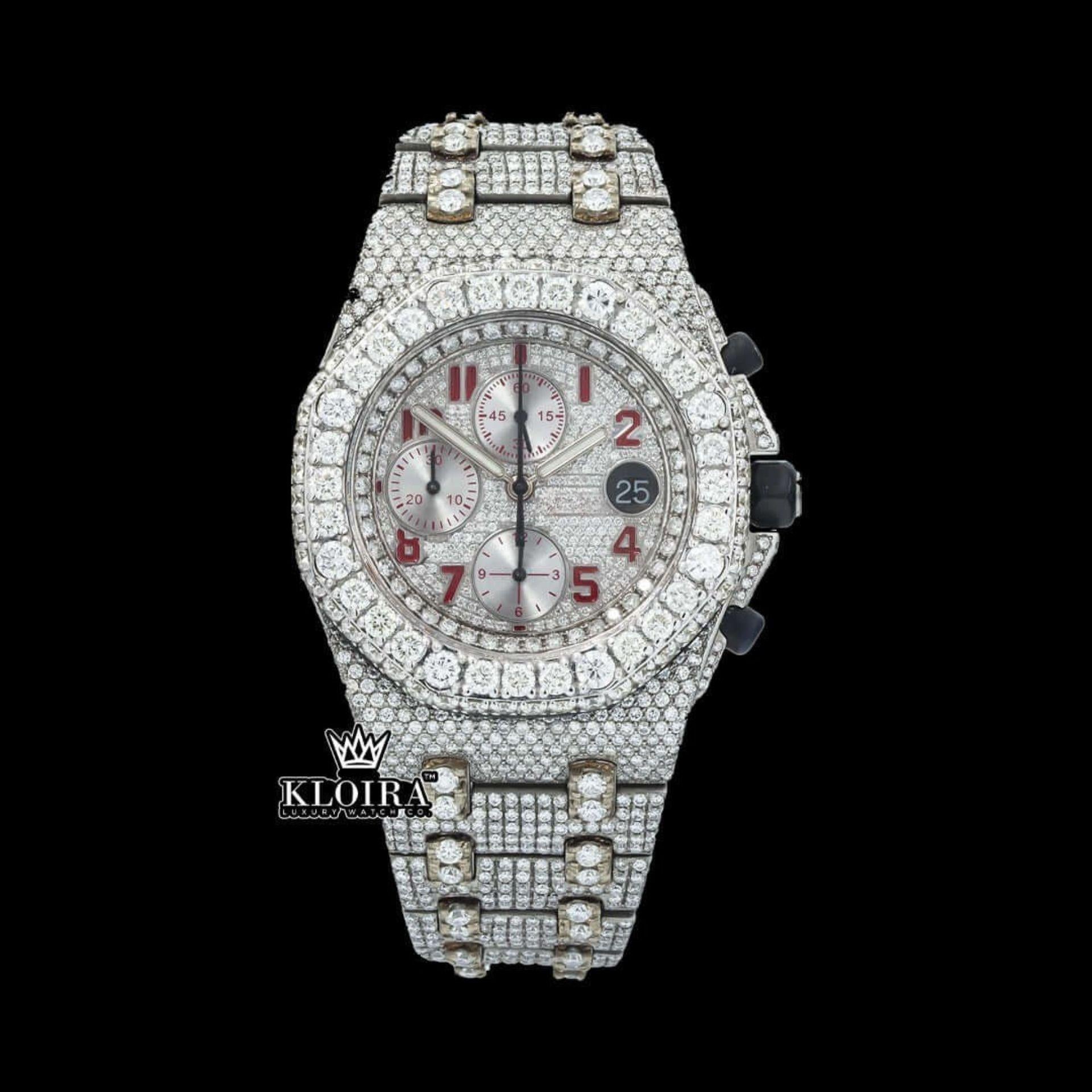 Red Standard Numerals Chronograph Dial Moissanite Watch Front View