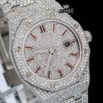 Red Stick Markers White Dial Fully Iced Out Moissanite Diamonds Watch Close Up Dial View.