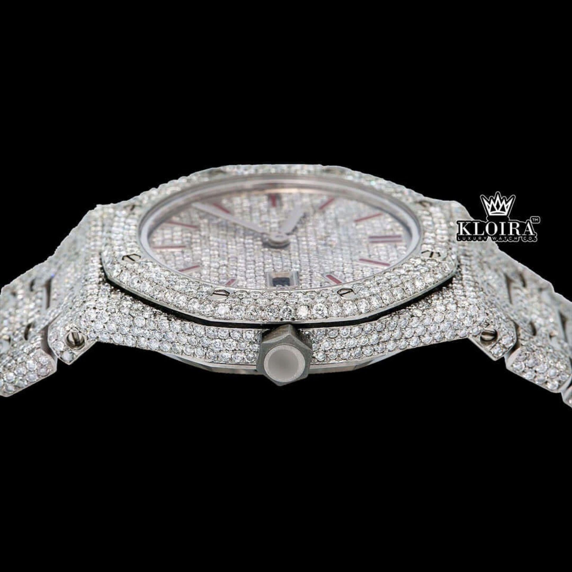 Red Stick Markers White Dial Fully Iced Out Moissanite Diamonds Watch Crown View