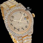 Rolex Inspired Day Date Gold Arabic Dial Moissanite Diamond Watch 14K Gold 42mm Close Up Dial View