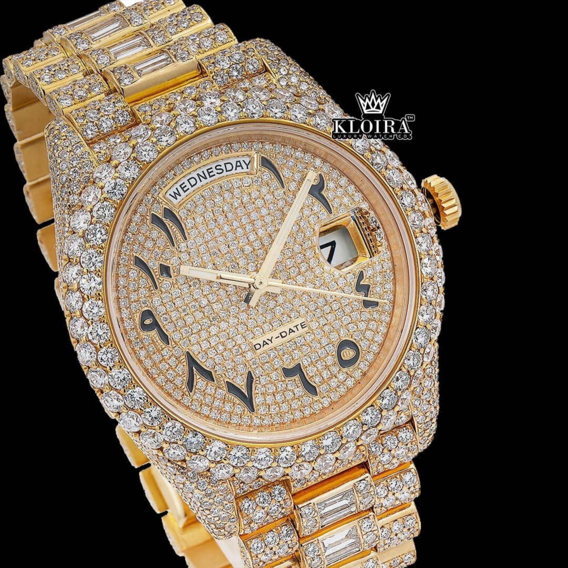 Rolex Inspired Day Date Gold Arabic Dial Moissanite Diamond Watch 14K Gold 42mm Close Up Dial View