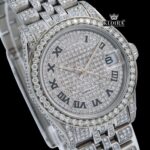 Roman Numeral Full Iced Out Silve Dial Moissanite Diamond Watch Close Up Dial View