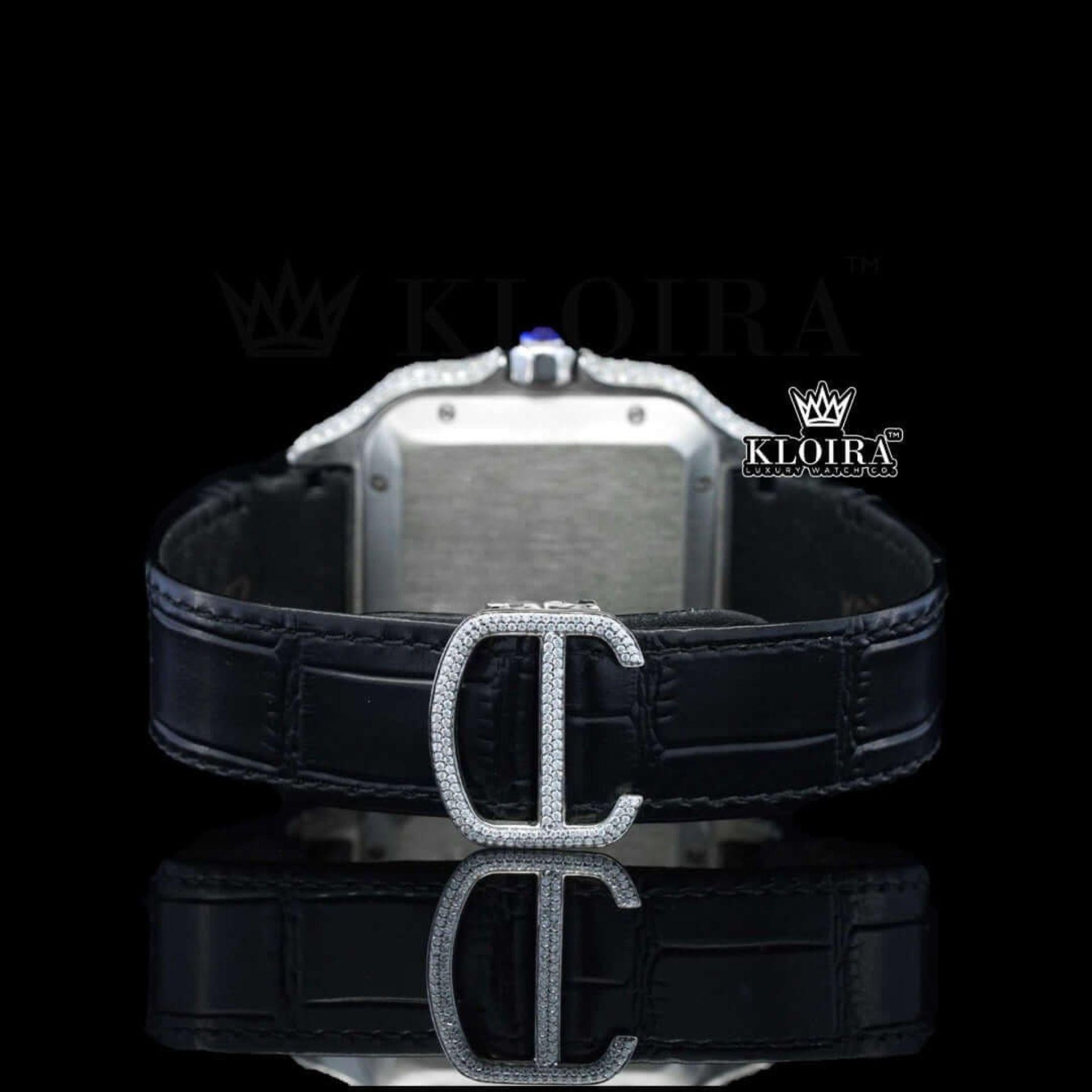 Roman Numerals Black Dial Black Leather Strap Moissanite Diamond Watch Caseback View