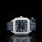 Roman Numerals Black Dial Black Leather Strap Moissanite Diamond Watch