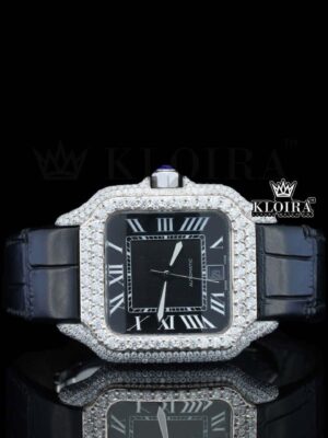 Roman Numerals Black Dial Black Leather Strap Moissanite Diamond Watch