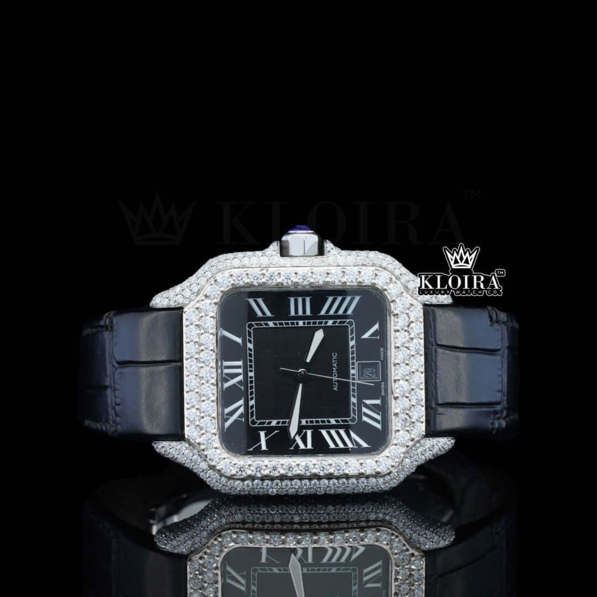 Roman Numerals Black Dial Black Leather Strap Moissanite Diamond Watch Front View