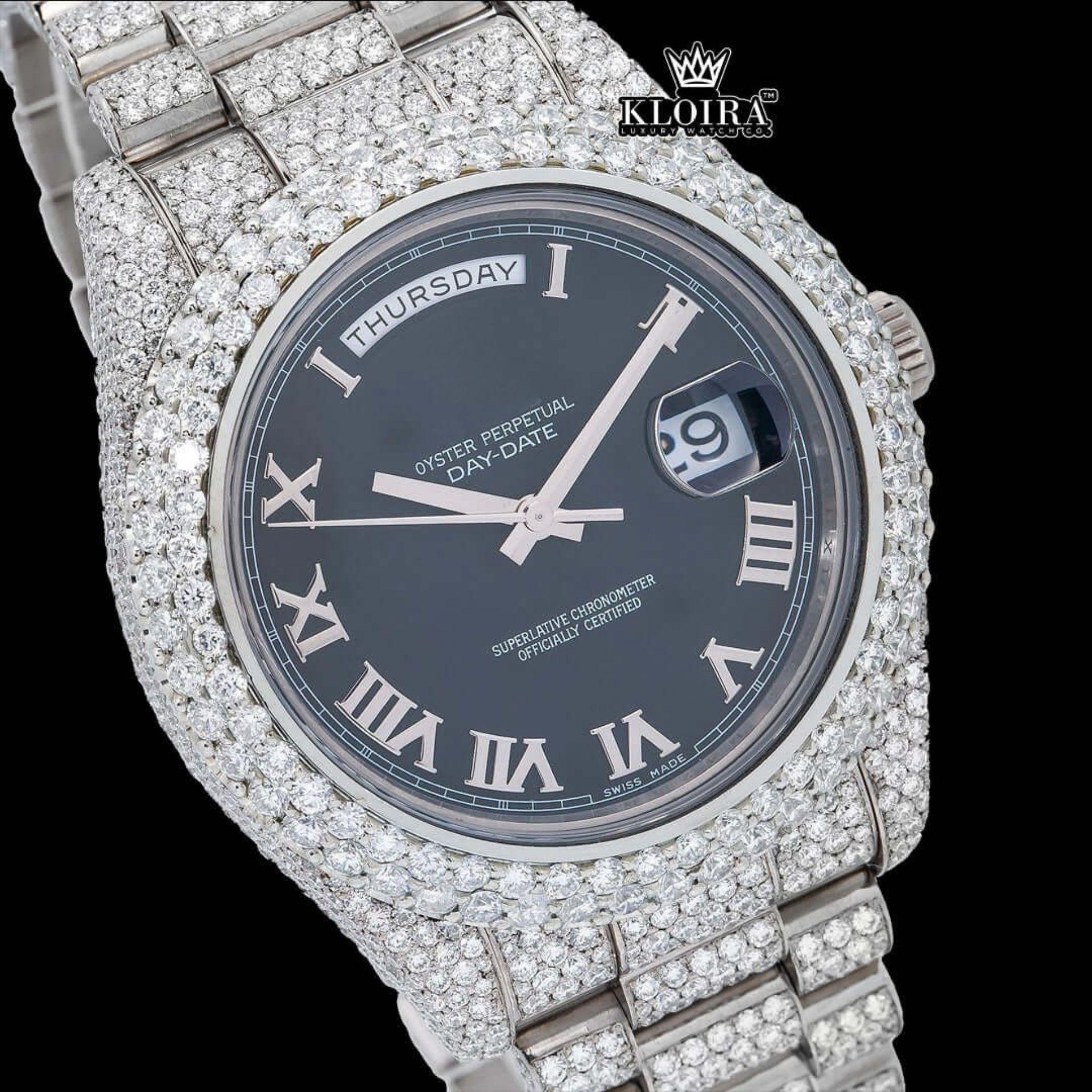 Roman Numerals Black Dial Day-Date Window Iced Out Moissanite Watch Close Up Dial View