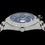 Roman Numerals Black Dial Day-Date Window Iced Out Moissanite Watch Crown View