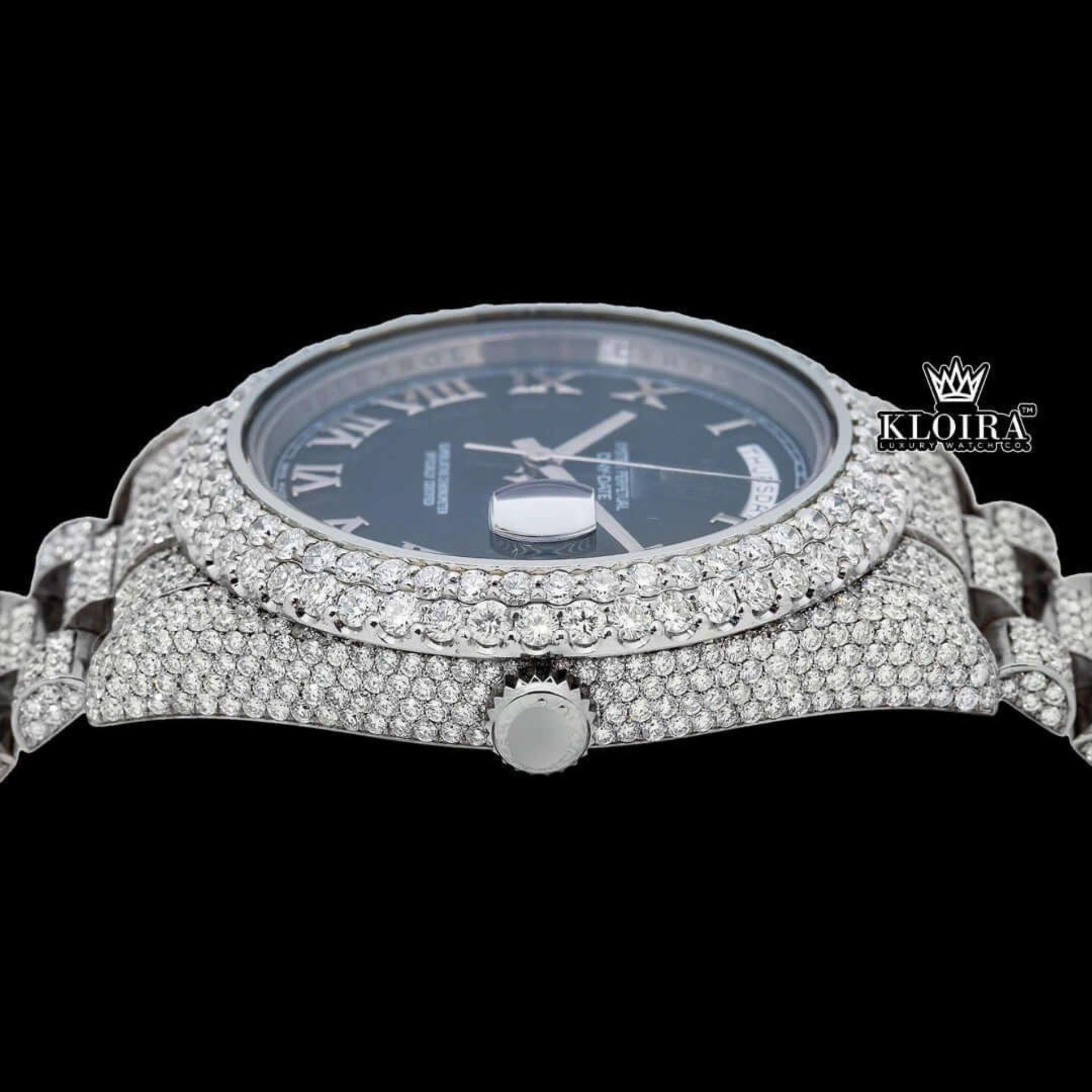 Roman Numerals Black Dial Day-Date Window Iced Out Moissanite Watch Crown View