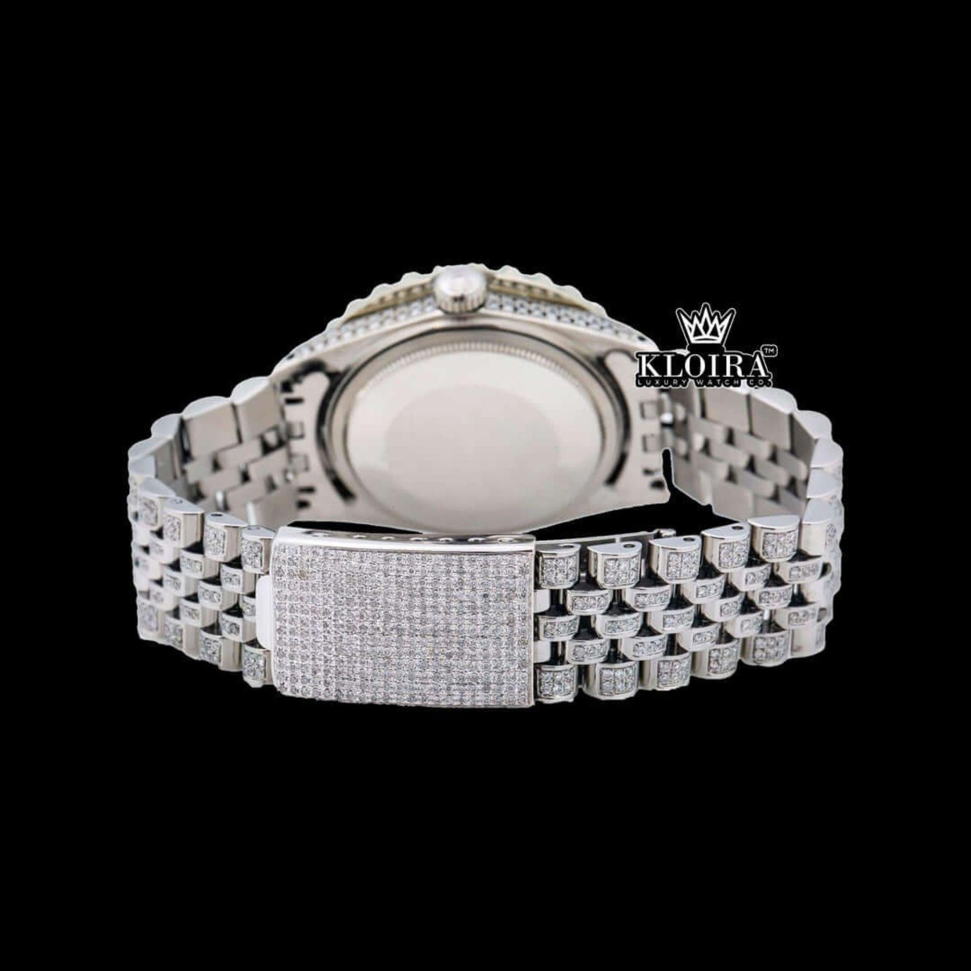 Roman Numerals Black Dial Diamond Link Strap Moissanite Watch Caseback View