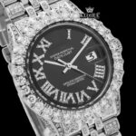 Roman Numerals Black Dial Diamond Link Strap Moissanite Watch Close Up Dial View