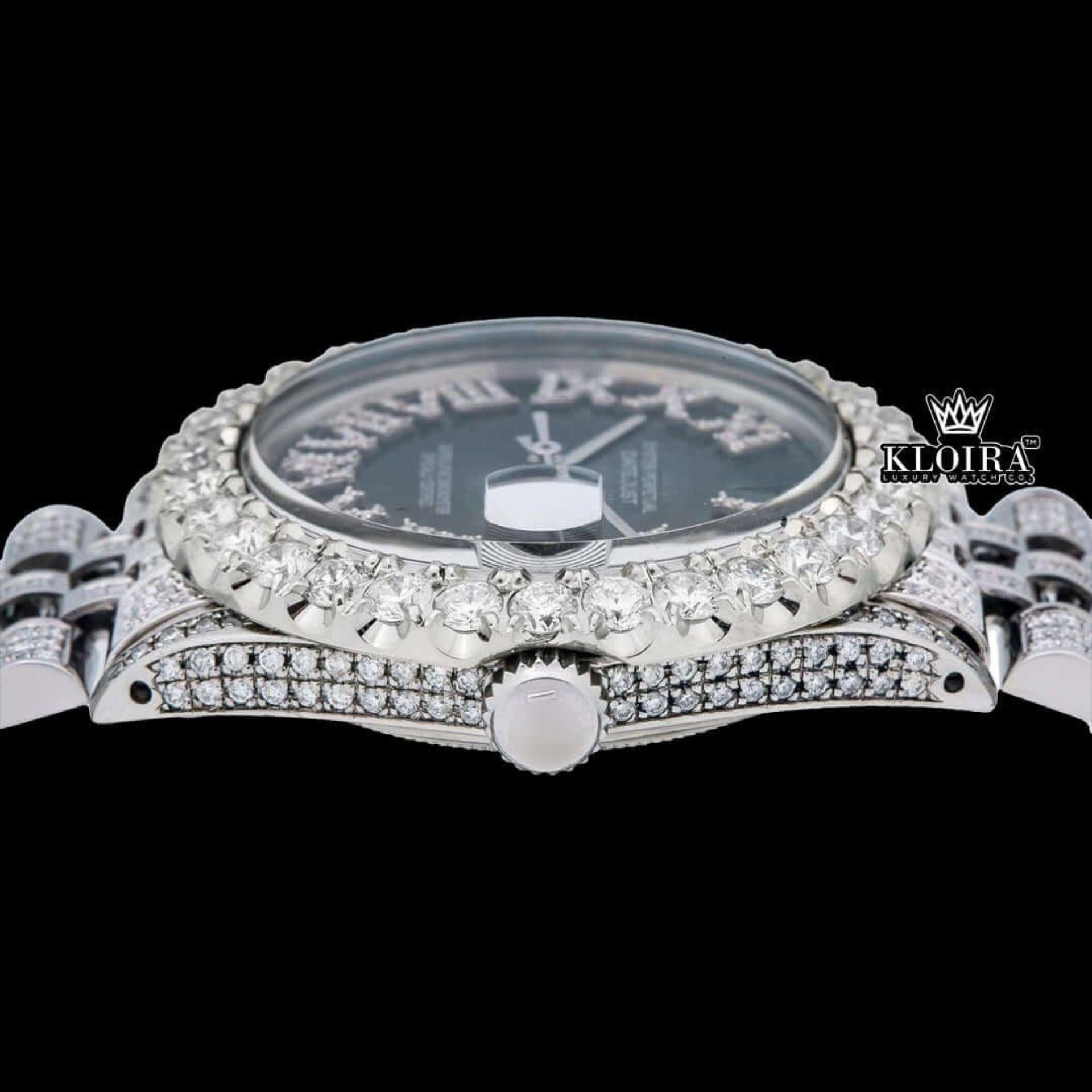 Roman Numerals Black Dial Diamond Link Strap Moissanite Watch Crown View