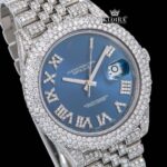 Roman Numerals Blue Dial Diamond Link Strap Fully Iced Out Moissanite Watch Close Up Dial View
