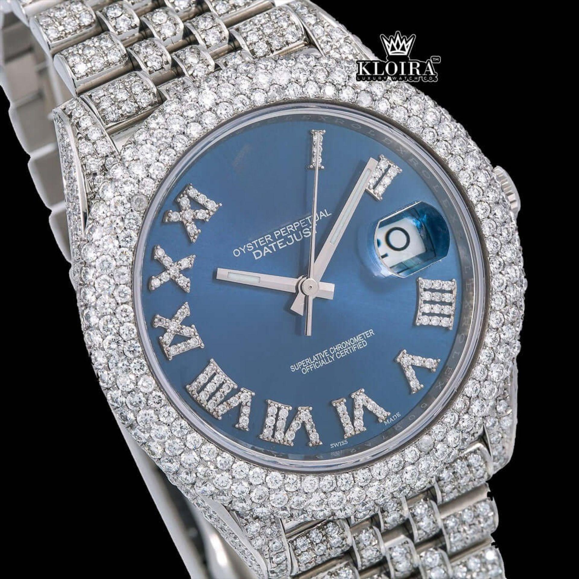 Roman Numerals Blue Dial Diamond Link Strap Fully Iced Out Moissanite Watch Close Up Dial View