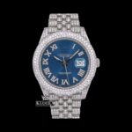 Roman Numerals Blue Dial Diamond Link Strap Fully Iced Out Moissanite Watch