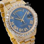 Roman Numerals Blue Dial Yellow Gold Iced Out Moissanite Watch Close Up Dial View