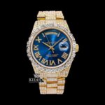 Roman Numerals Blue Dial Yellow Gold Iced Out Moissanite Watch