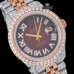 Roman Numerals Brown Dial Two Tone Iced Out Moissanite Watch Close Up Dial View