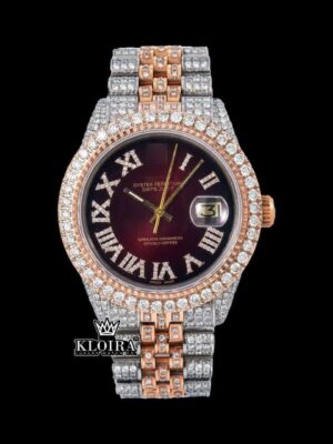 Roman Numerals Brown Dial Two Tone Iced Out Moissanite Watch