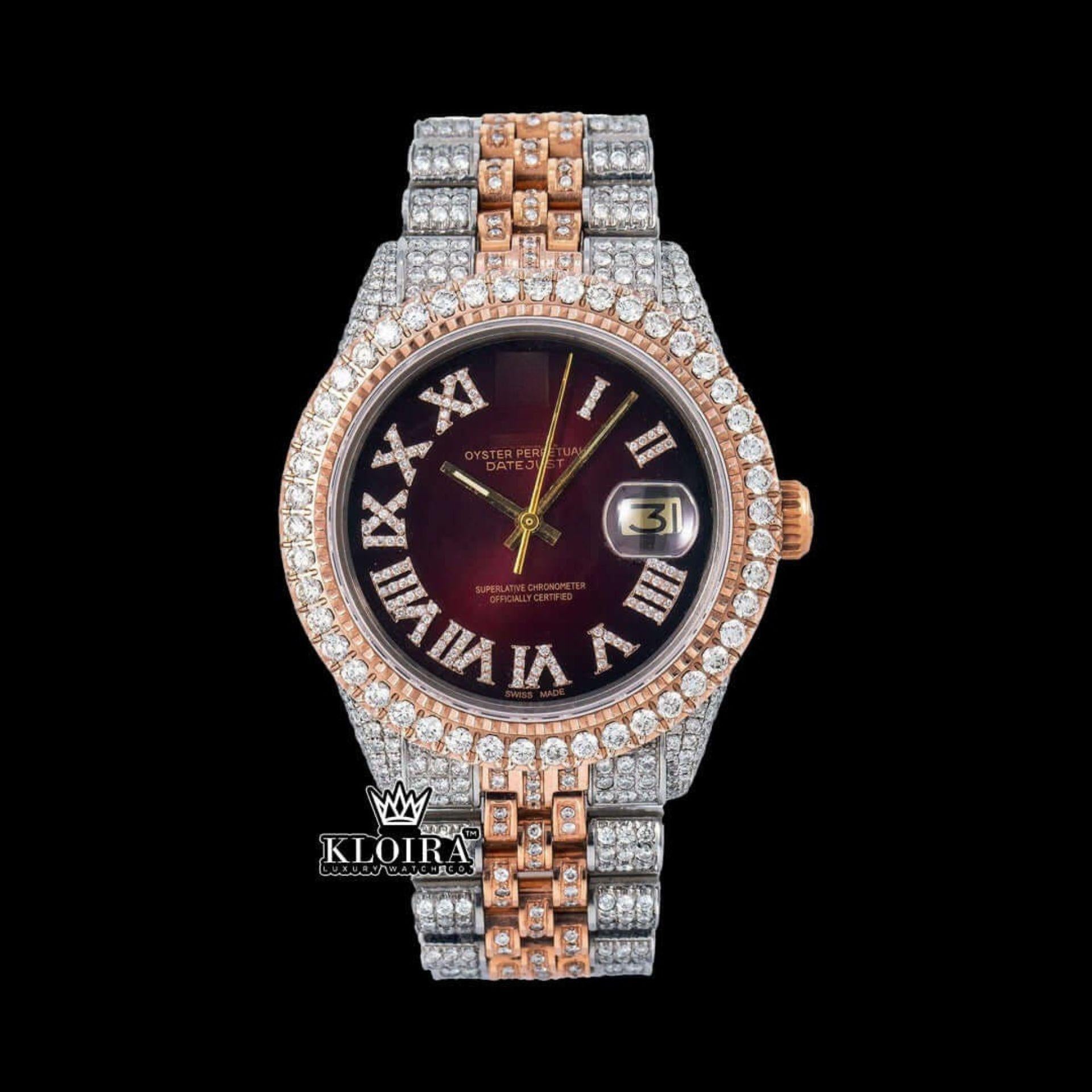 Roman Numerals Brown Dial Two Tone Iced Out Moissanite Watch Front View