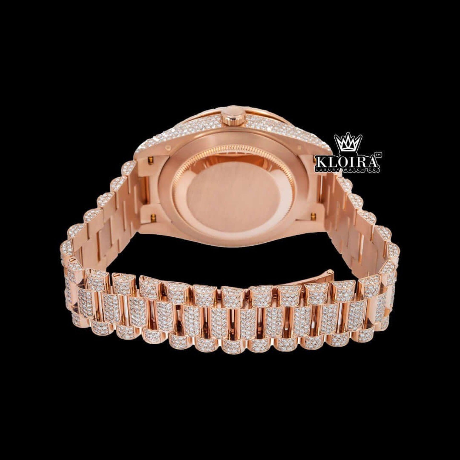Roman Numerals Dial Day Date Display Rose Gold Iced Out Moissanite Watch Caseback View