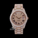 Roman Numerals Dial Day Date Display Rose Gold Iced Out Moissanite Watch