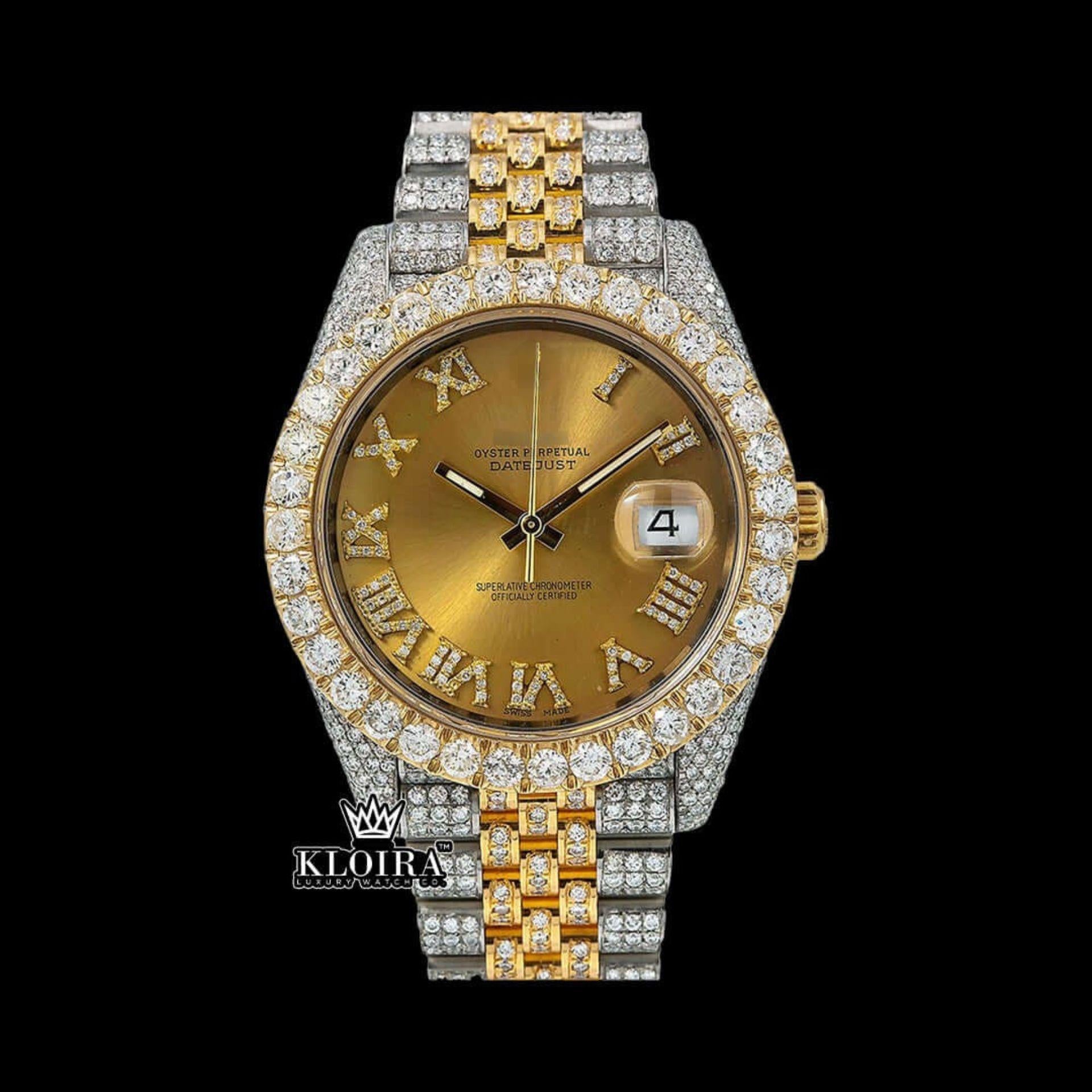 Roman Numerals Dial Diamond Bezel Two Tone Yellow Gold Moissanite Watch Front View