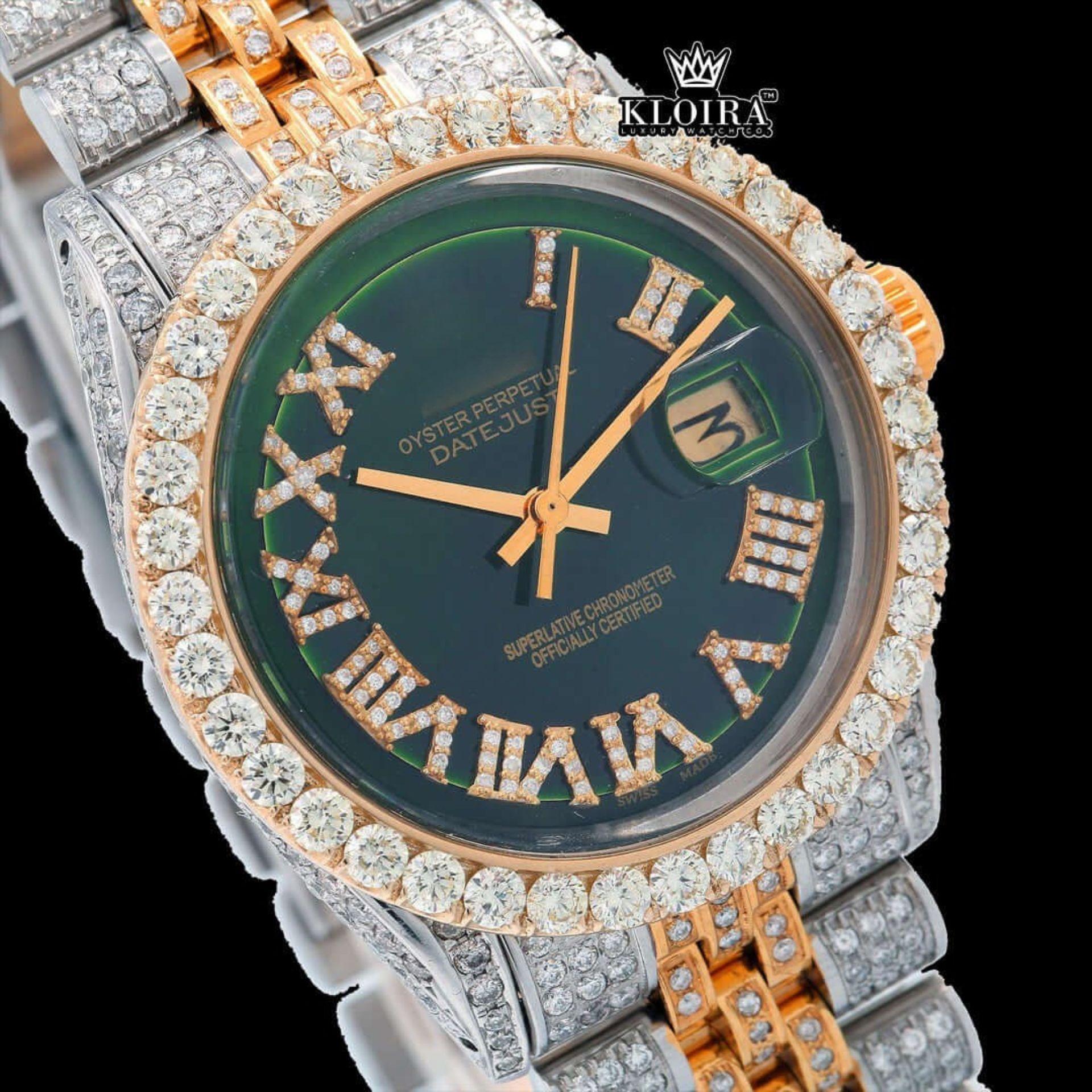 Roman Numerals Green Dial Two Tone Iced Out Moissanite Watch Close Up Dial View
