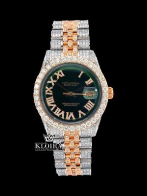 Roman Numerals Green Dial Two Tone Iced Out Moissanite Watch