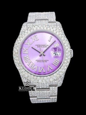 Roman Numerals Lavender Dial Full Iced Out Moissanite Watch