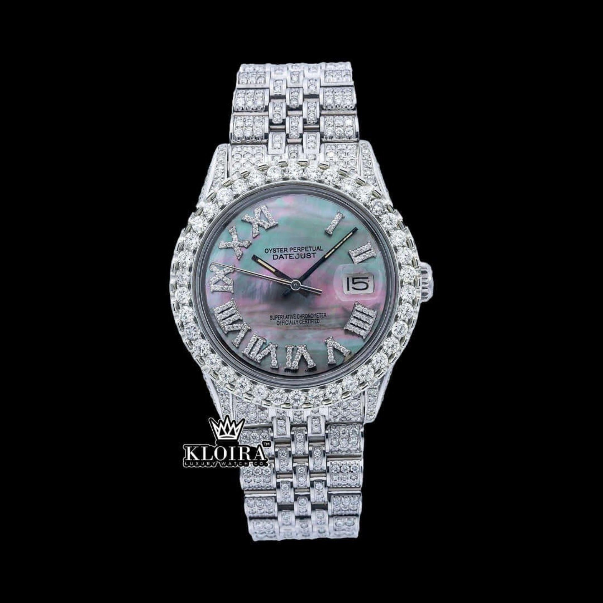 Roman Numerals Pearl Tone Dial Fully Iced Out Moissanite Watch Front View