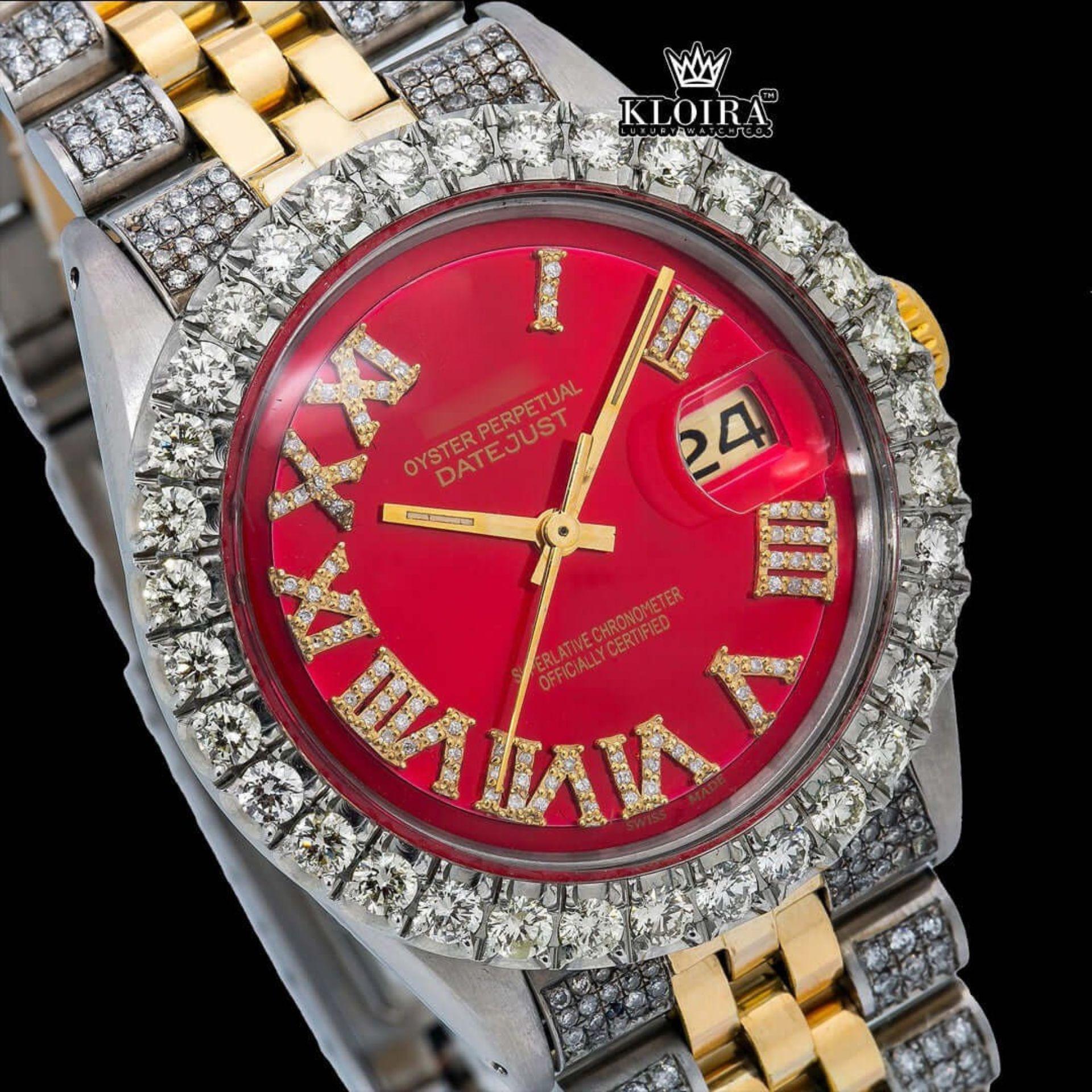Roman Numerals Red Dial Diamond Bezel Two Tone Moissanite Watch Close Up Dial View