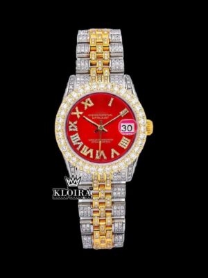 Roman Numerals Red Dial Two Tone Diamond Link Strap Moissanite Watch