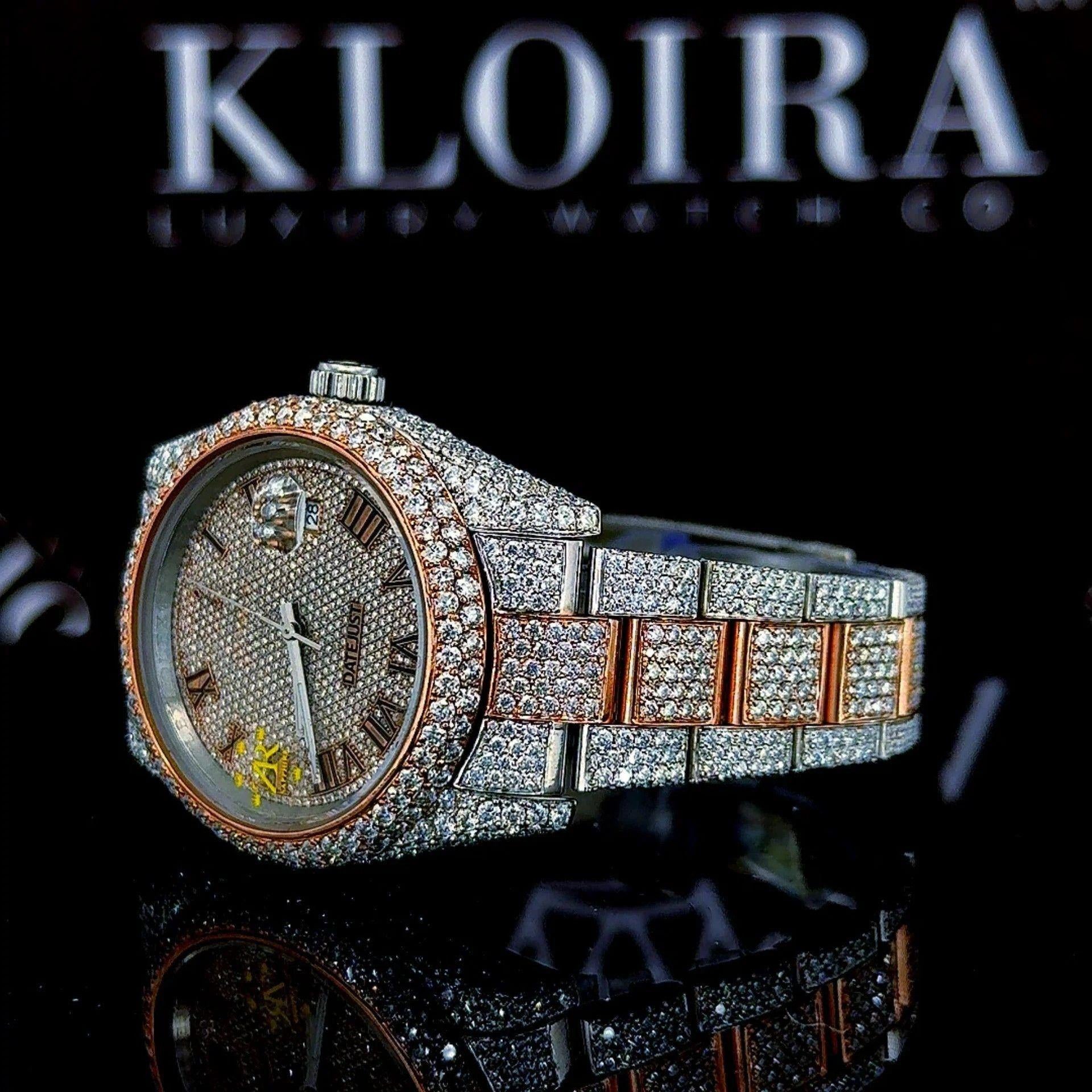 Roman Numerals Rose Gold Dial Two Tone Iced Out Moissanite Watch Left Profile View