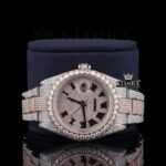 Roman Numerals Rose Gold Dial Two Tone Moissanite Watch Close Up Front View