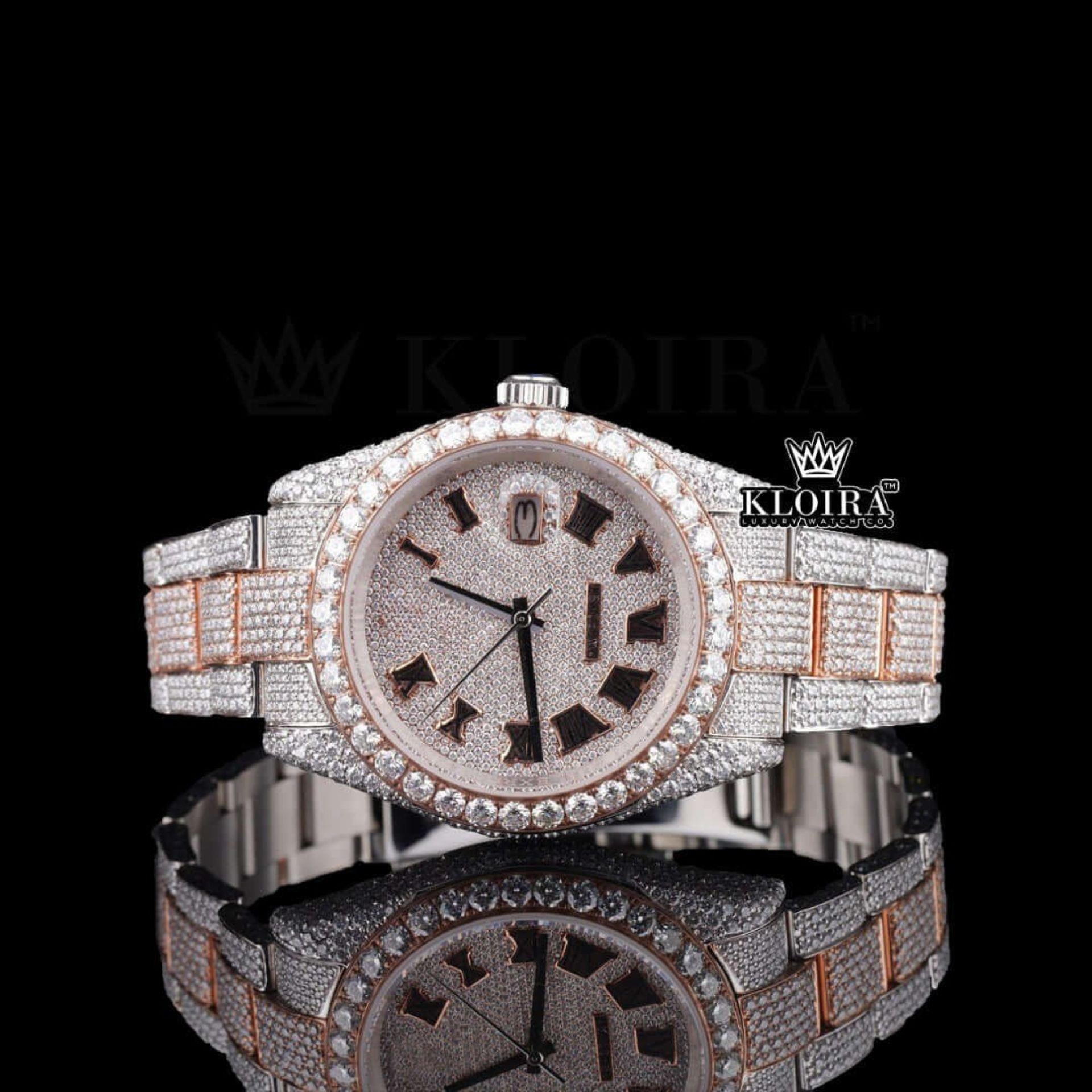 Roman Numerals Rose Gold Dial Two Tone Moissanite Watch Front View
